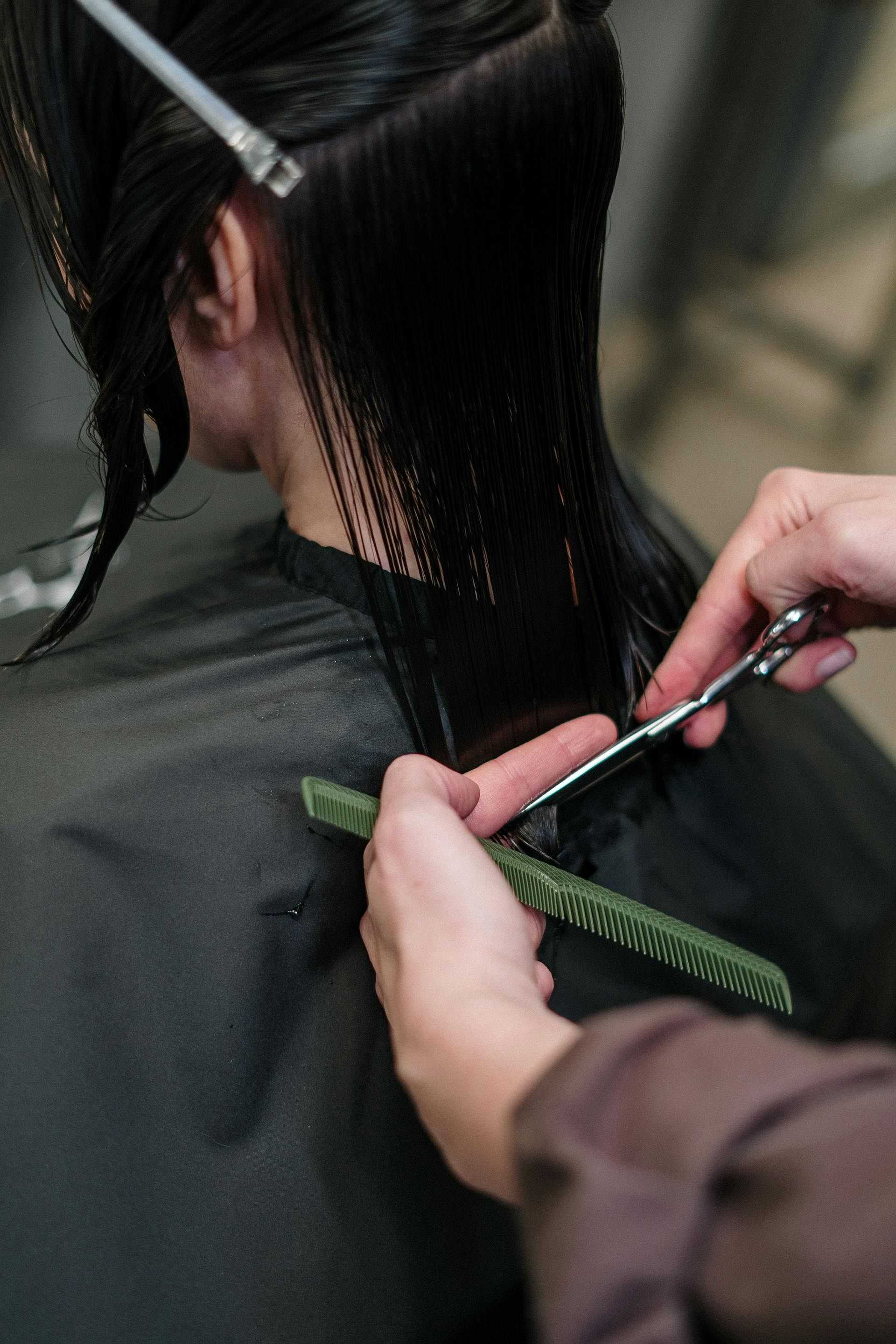 Hairdresser cutting client's wet hair with scissors and comb.